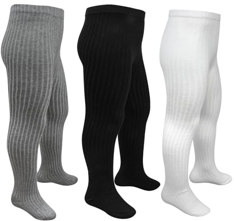 MOEMOE BABY Leotardos para niña, paquete de 3 unidades, juego de pantimedias para niños con pie, color blanco+negro+gris,M