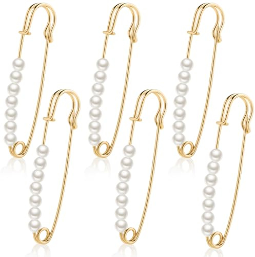 6 Stück Sicherheitsnadel Perlen-Broschennadeln,Stilvoll Perle Damen Brosche Pins,Dekorative Nadeln Brosche für Damenkleidung,Anzughosen,Denim