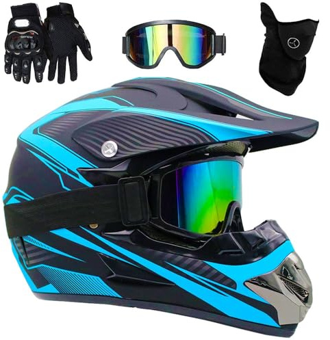 Cool Casque de Motocross Intégral, Casque Cycliste pour Enfants, avec Goggle Gants Masque, Casques de VTT BMX Downhill Mountain Bike Quad, Approuvé par Le Dot(Blue Lines,L(56-57cm))