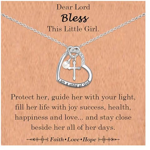 VOSAP Christening Gifts for Girls, Heart Pendant Cross Necklace, Holy Communion Confirmation Baptism Gifts for Girls, Cross Presents for Daughter Granddaughter Niece Sister