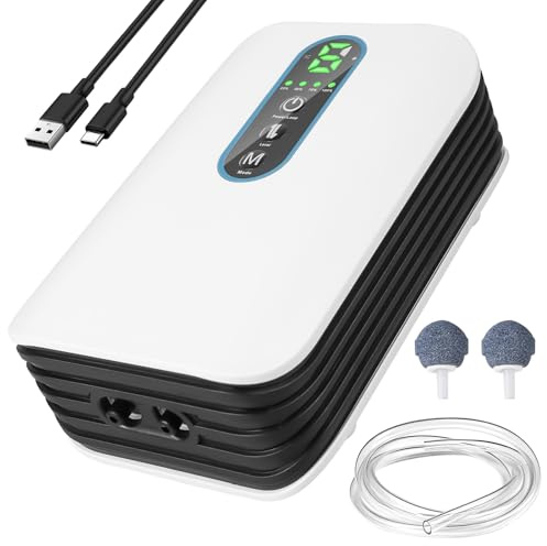 Bomba de aire para acuario, bomba de oxígeno, batería de 2600 mAh, doble salida (3 l/min), flujo de aire ajustable de 6 niveles, ultrasilenciosa USB para acuarios, estanques de jardín, cortes de