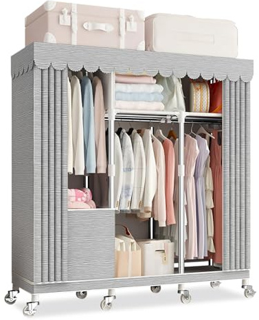 Armadio Portatile per Vestiti con ripiani e asta appendiabiti guardaroba in tessuto con ruote telaio in metallo Organizzatore Portabiti per Camera, Bagno o Soggiorno Cabina Armadio(125X45X170CM)