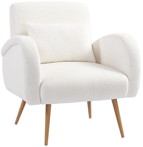 HOMCOM Sessel gepolsterter Loungesessel mit Armlehnen, Lendenkissen, Lesesessel Relaxsessel mit Metallbeine, Teddyfleece-Optik, Polstersessel für Schlafzimmer Wohnzimmer Cremeweiß