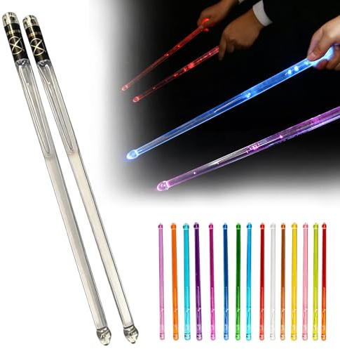GOEDCH Baquetas de 15 colores con luces LED: 5 A, de material de polímero de policarbonato con cable de carga USB y bolsa de terciopelo, recargable, baqueta iluminada para fiestas y eventos nocturnos