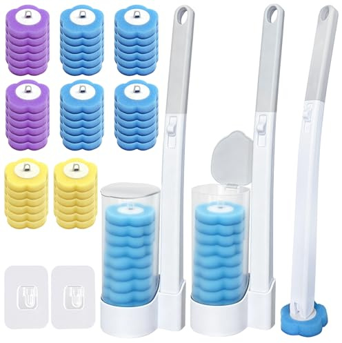 TZEKING Set Scopino WC Usa e Getta 54 Pezzi – 2 Spazzole con Manico Lungo, 2 Supporti a Parete con Staffa Adesiva, 48 Ricariche Detergenti in Spugna per Pulizia Bagno, Lavandino e Vasca