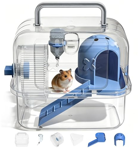 Transportlåda hamster små djur transportbur 24 x 18 x 20 cm bärbar resebur, transportlåda med vattenflaska, bärhandtag för möss, marsvin kanin blå
