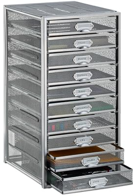 Relaxdays Schubladenbox, 10 Schubfächer, für Din A4 Dokumente, Ordnungssystem für Schreibtisch, Aktenablage, Silber