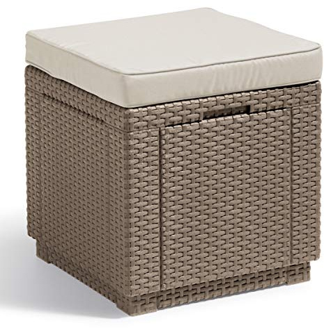Keter Allibert de Keter » Taburete en forma de cubo con espacio de almacenamiento, capuchino, incluye cojín, tapa extraíble, aspecto plano de ratán, resistente a la intemperie, 42 x 42 x 39 cm
