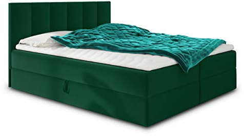 Boxspringbett Star mit Topper, Bonell-Matratze und 2 Bettkästen, Doppelbett, Polsterbett, Bett, Bettgestell, Stilvoll, Schlafzimmer, Velour oder Webstoff (Grün (Kronos 19), 160 x 200 cm)