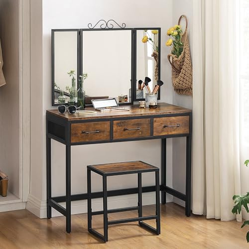 VASAGLE Schminktisch, Frisiertisch, Kosmetiktisch mit 3-teiligem Klappspiegel und 3 Schubladen, Stahlgestell, mit Hocker, Industrie-Design, vintagebraun-schwarz RVT02BX