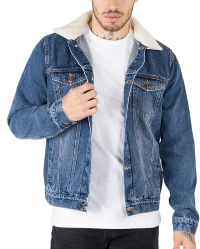 NOROZE Mens Denim Jacket with Detachable Sherpa Collar Classic Fur Jean Trucker Coat (L, Denim Blue)