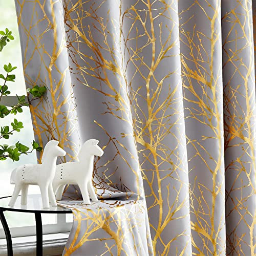 Fmfunctex Grey Gold Blackout Curtains for Bedroom 54 inch Drop Eyelet Curtains for Living Room Tree Branch Foil Thermal Insulated Window Curtain Panels 2 Panels