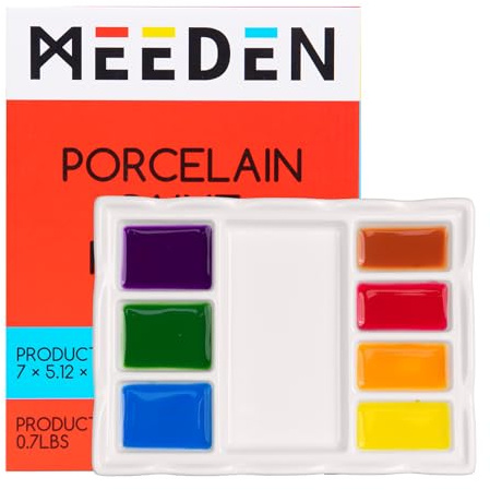 MEEDEN 8-Well Ceramic Artist Paint Palette with Brush Holders, Porcelain Mixing Tray for Watercolor, Gouache, Acrylic Painting, 7”x 5.2”x 0.6”
