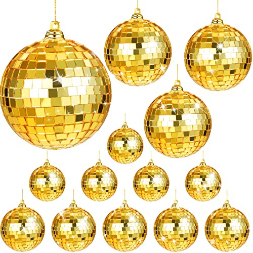 Leitee 25 Pcs Disco Balls Ornament Mini Reflective Disco Ball Party Hanging Decorations with Lanyard for Dance Music Party Decoration, 2 Inch 3.14 Inch 4 Inch(Gold)