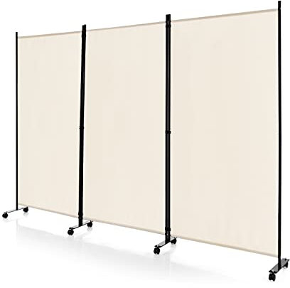 CASART Folding Room Dividers, 3/4 Panels Movable Protective Privacy Screens with Lockable Wheels, Steel Frame Portable Fabric Screen Room Partition for Home Office (3 Panels-260x30x180 cm, White)