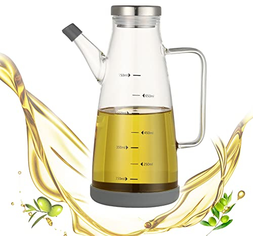 CaiYuanGJ Botella de Aceite, Dispensador Aceite, Aceiteras Antigoteo Cristal, Dispensador de Vinagre y Aceite, para Cocina, Vinagrera, Aceiteras, con Base de Silicona, Escala de Medidas, 750ml