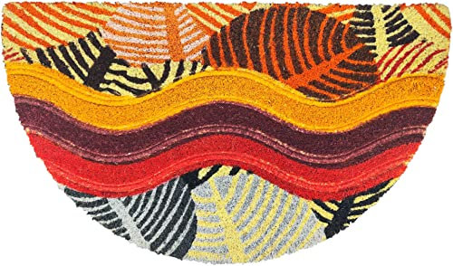 Felpudo art Kera de 100% fibra de coco natural alfombra entrada casa seca paso con reverso pvc para exterior e interior (40 x 70 cm, media luna, hojas de color)