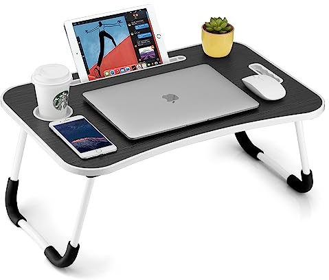 FISYOD Faltbarer Laptoptisch, tragbarer Schoßschreibtisch, Betttisch, Laptop-Ständer mit Getränkehalter & Tablet-Schlitz & Hebegriff für Arbeiten, Schreiben, Zeichnen und Essen (schwarz)