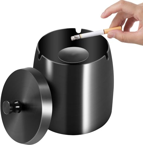 Litimkat Posacenere, posacenere da esterno con coperchio, in acciaio inox antiscivolo, adatto per casa, ufficio, scrivania, terrazza, balcone esterno (nero)