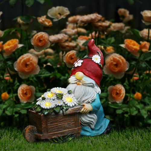 Lewondr Statua di Gnomo da Giardino, Scultura di Gnomo in Resina Impermeabile con Fiori, Decorazioni da Giardino ad Energia Solare con Luci Calde, Decorazioni Natalizie per Esterni Prato Patio Portico