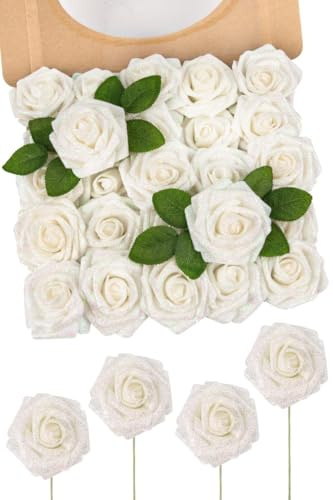 N&T NIETING Artificial Flowers Glitter Rose, 25pcs Fake Roses with Stems | Real Touch Faux foam Roses for Wedding Bouquets Party Baby Shower Home Halloween Christmas Decoration(White)
