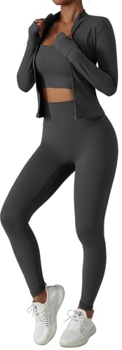 Conjunto de entrenamiento de 3 piezas para mujer, brasier deportivo, leggings y chaqueta con agujeros para los pulgares, ropa deportiva para yoga, gimnasio, correr, entrenamiento