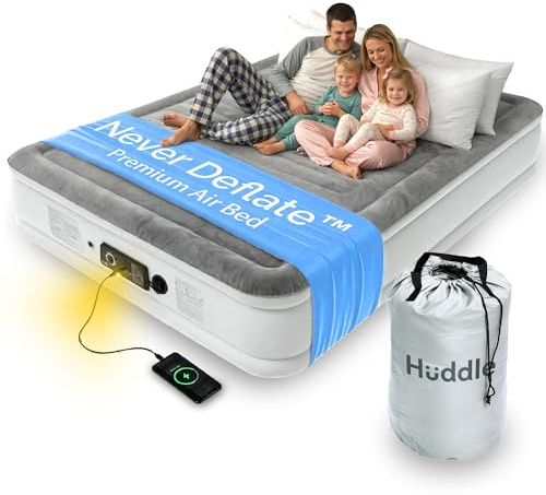 Huddle® Lite Inflatable Air Bed with Built-In Pump – Inflatable Mattress, Comfortable Flocked Top, Raised Height – Blow up bed for Camping, Guests, and Spare Rooms (Single/Double/King)
