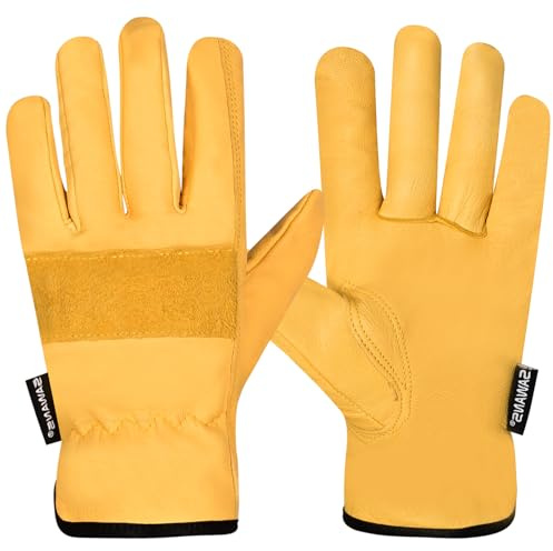 SAWANS Guantes de jardinería de cuero para hombres y mujeres, resistentes a las espinas, cómodos, transpirables, multiusos, guantes de protección de jardín, pinza de utilidad resistente (amarillo, M)