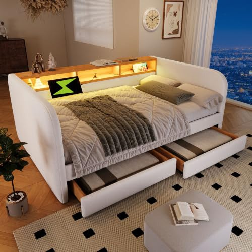 Zepneiy Canapé lit 140 x 190 avec sommier, Canapé Convertible 2 Places avec LED et USB, Lit Coffre avec 2 tiroirs et sommier Lattes Meuble Multifonction Salon, Lin Beige (sans Matelas)