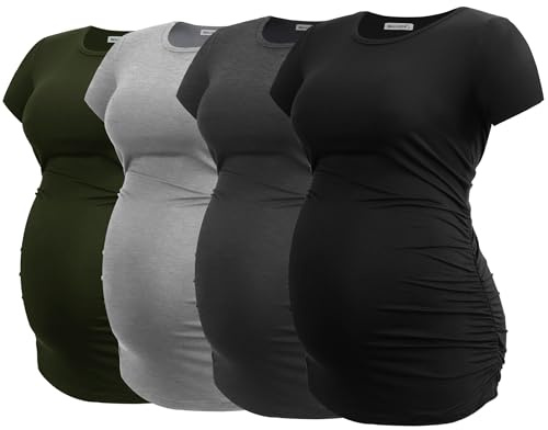 Smallshow Women's 4 Pack Maternity Shirts Short Sleeve Pregnancy Tops Clothes,Army Green-Black-Deep Grey-Light Grey,M