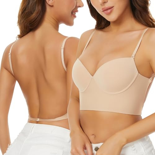 Low Back Bras for Women-Seamless Invisible Backless Bra-Lightly Lined Demi Multiway Bra No Show Low Cut Halter Bras (Nude, 32DD)