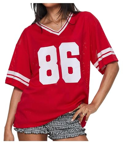 Women Y2K Basketball T-Shirt Short Sleeve V Neck Number Print Oversized Tee Loose Blokecore Jersey Shirt Aesthetic Streetwear (Red H, XL)