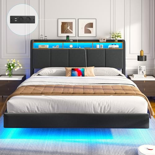 Brinlawb Lit 160x200 avec Sommier, Cadre de lit 160x200cm avec Éclairage LED et 2 Prises CA & 2 Ports USB, Tête de lit Rembourrée avec Rangement, Structure Stable, Effet Flottant, Tissu en Lin, Gris