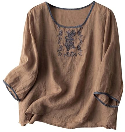 Mujer Manga 3/4 Boho Gasa Camisa Túnica Boho Bauer Bordada Flores Blusas 2025 India Volantes Tops para Mujeres Mayores Corte Holgado Manga Corta Lino Verano Retro Casual Encaje Moda Caqui, M, caqui, M