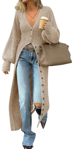 Saodimallsu Womens Long Cardigans V Neck Button Down Chunky Knit Dusters Sweater Coat Fall Trendy Maxi Sweater Dress Apricot