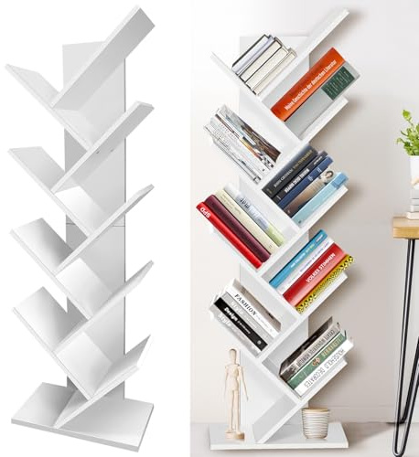 Tree Bookshelf White Tall 9-Tier Floor Standing Book Shelf, Modern Tall Corner Bookcase for Books and Display CDs Albums, DVD Storage Units, White Storage Shelves for Living Room, Bedroom, Study