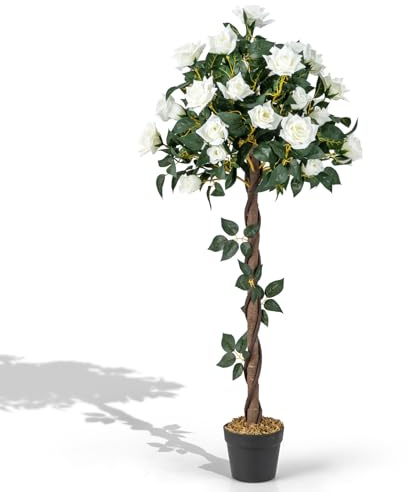 COSTWAY Pianta Floreale Finta 120 CM, Albero di Fiori Artificiali con Rose Bianche, Vaso da Vivaio, Pianta in Vaso da Interno per Decorazione Interna per Ufficio e Casa
