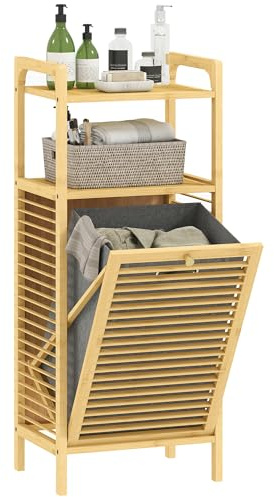 HOMCOM Bamboo Laundry Cabinet with Slatted Door, Bathroom Cabinet with Tilt-Out Hamper and Removable Liner Bag, 40 x 30D x 95 cm, Natural Wood Finish