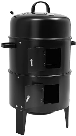 DioPaiB Rökugn, 3-i-1 rökgrill, kolgrill med lock och termometer, röktunna, grilltunna 40 cm diameter, 3-i-1 rökugn för grillat kött, bacon, svart