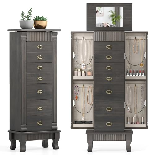 Giantex Standing Jewelry Cabinet with 7 Drawers, Flip-Top Mirror, 2 Side Doors with 12 Necklace Hooks, Divided Ring Compartments, Velvet-Lined Jewelry Armoire Organizer Chest (Weathered Gray)