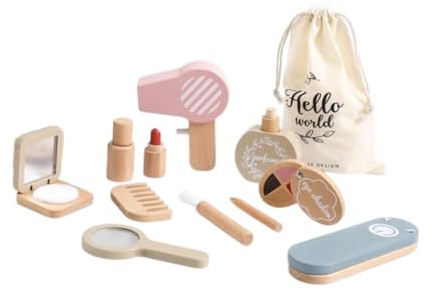 wisoolkic Kit de maquillaje interactivo para niños, juguete de Para madera con espejo y secador pelo para fomentar el juego roles y el desarrollo infantil. Juguete simulación Para madera. Kit