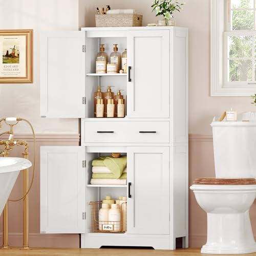 TEENFON 148 cm Armario de Baño, Mueble Baño con 1 Cajones y Estante Ajustable, Columna Mueble Auxiliar para Baño, Salón, Cocina, 60 x 30 x 148 cm, Blanco