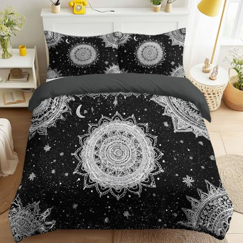 Påslakan 200 x 220 cm geometrisk elegant mandala måne stjärnor, mjukt mikrofiber sängkläder set med örngott, vändbar dragkedja, vuxenstorlekar, svart vit bohemisk