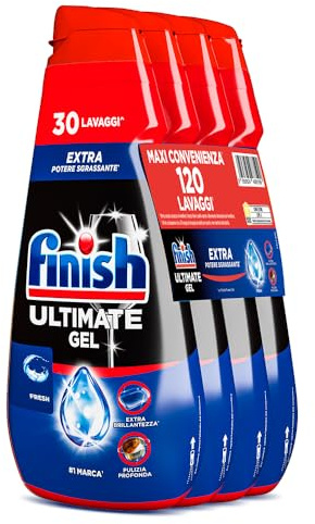 Finish Ultimate Gel, Detersivo per Lavastoviglie, 120 Lavaggi, 4 confezioni da 30 Lavaggi, Fresh, Extra Potere Sgrassante, Extra Brillantezza, Pulizia Profonda