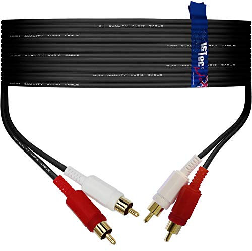 1STec 50m Long Black Stereo Audio Lead with 4 Gold Plated Red + White Phono Plugs to 2 Male RCA Connectors with Individually Screened 99% OFC Cable for Satellite TV-HiFi Amplifier Amp (50 Metre Long)