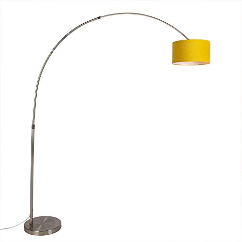 Qazqa - Modern Bogenleuchte I Bogenlampe I Lampe I Leuchte stahl I nickel matt mit gelbem Schirm 35I35I20 - XL I Wohnzimmer I Schlafzimmer - Stahl Länglich - LED geeignet E27