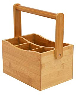 Osco Bamboo Mobile Caddy 4 Compartment Organiser for Kitchen Utensils, Stationery Organiser, Arts and Crafts Canvas Brush Storage, Cutlery and Condiment Holder, 26x21.5x15.3 cm