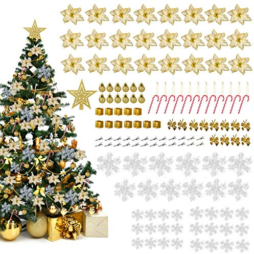 LIHAO Decorazioni Albero di Natale Oro, 133pz Addobbi Con Fiocchi di Neve, Stella, Palline e Fiori per Natale