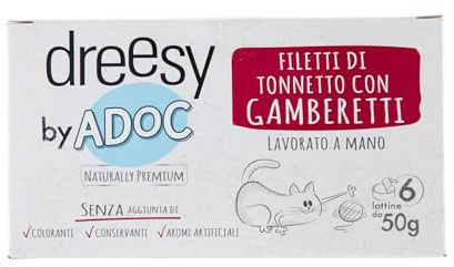 Adoc Naturally Premium, Alimento Umido Complementare per Gatti, Tonnetto con Gamberetti, Lattina 6 x 50 g, in Gelatina, Senza Conservanti e Coloranti