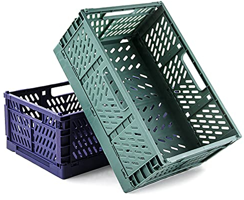 Spesh 2 Stücke Klappkiste Plastik Klappkorb Faltbare Aufbewahrungskorb aus Kunststoff Stabile Klappboxen für Küche, Schlafzimmer, Arbeitszimmer(Blau+Dunkelgrün, 30*20*12cm)